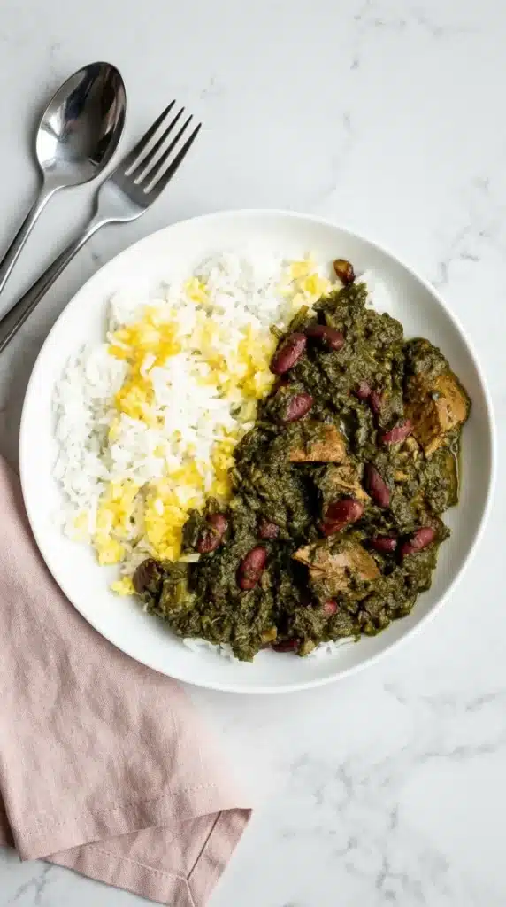 Ghormeh Sabzi in a bowl with beef, kidney beans, dried lime, and rice