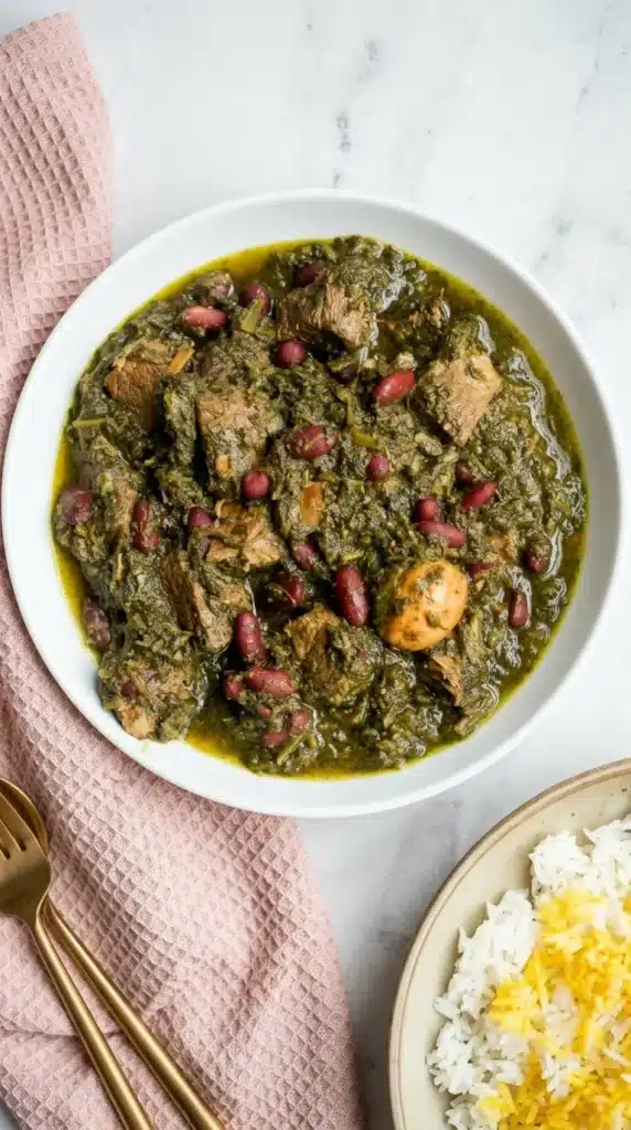 Ghormeh Sabzi served with fluffy basmati rice on a ceramic plate