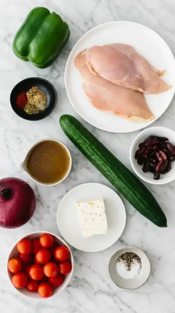 Greek Chicken Salad ingredients with chicken, cucumber, tomatoes, feta, olives, avocado, and dressing