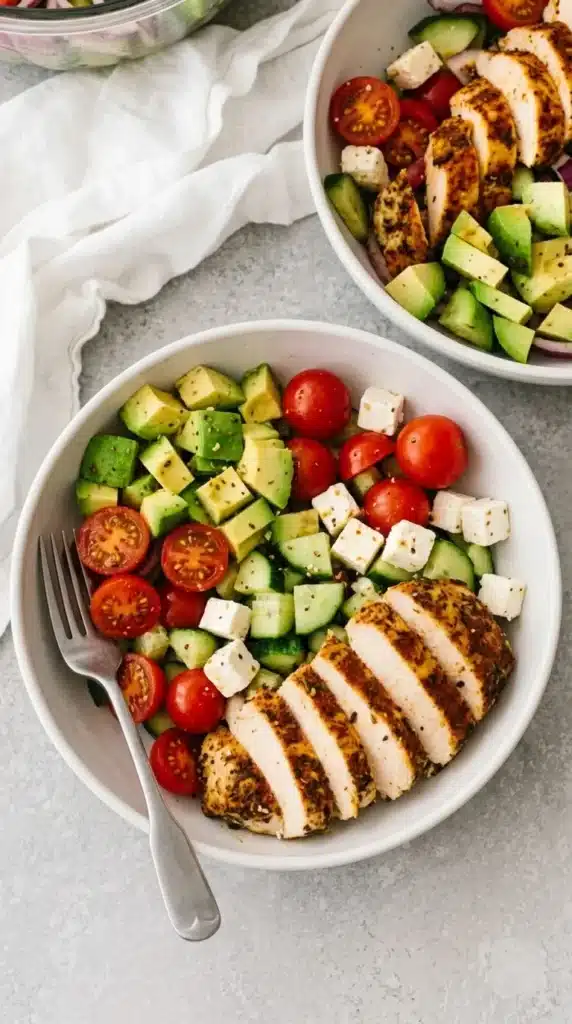Greek Chicken Salad with grilled chicken, avocado, feta, cucumber, tomatoes, and olives in a serving bowl