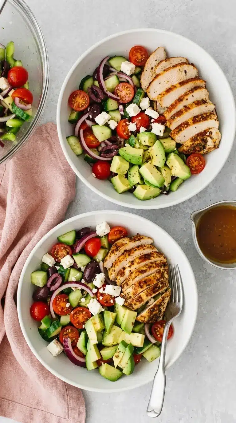 Greek Chicken Salad with grilled chicken, avocado, feta, cucumber, tomatoes, and olives