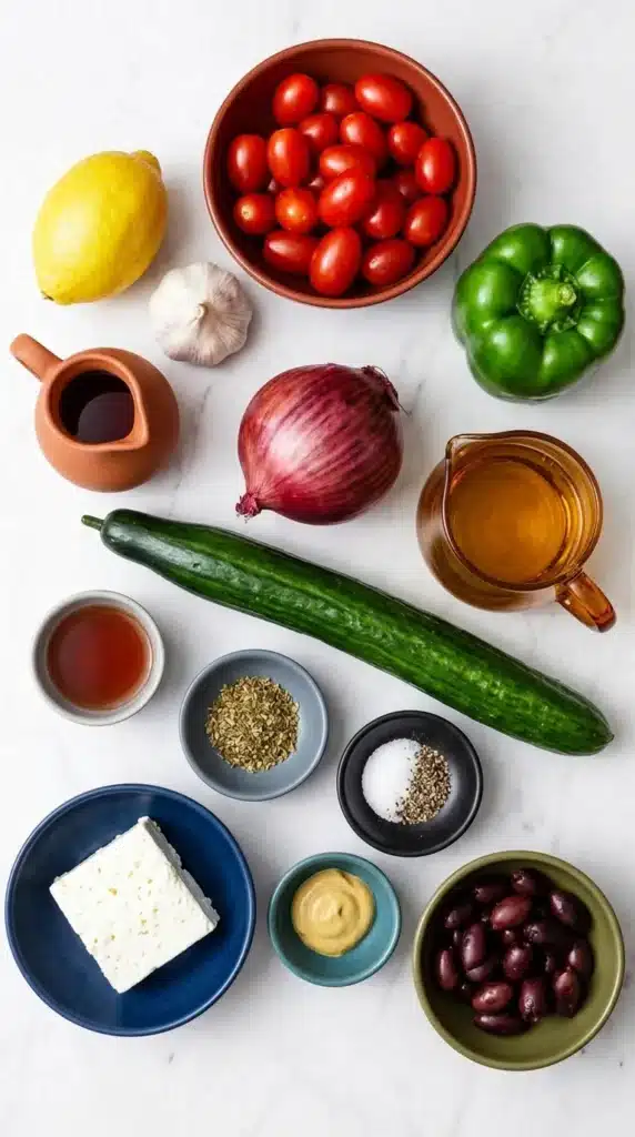 Greek Salad ingredients with cucumber, tomatoes, feta, olives, lemon, herbs, and dressing items.