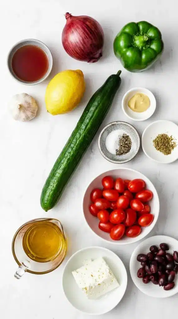 Greek Salad ingredients including cucumber, tomatoes, feta, olives, and homemade dressing ingredients.