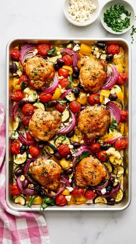 Greek Sheet Pan Chicken with roasted vegetables, feta, olives, and juicy chicken thighs.