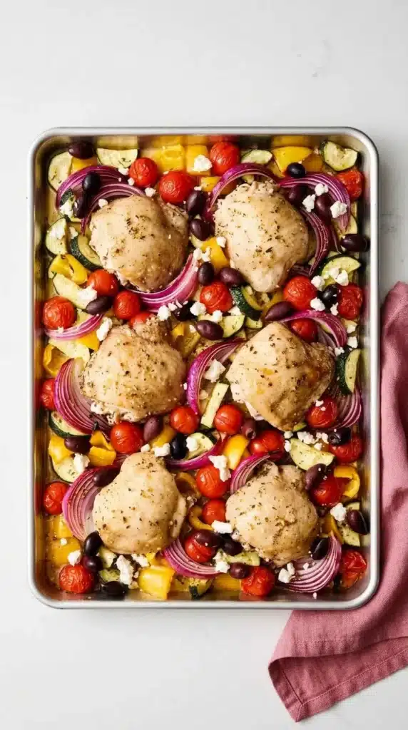 Greek Sheet Pan Chicken with feta and olives before the final roast.