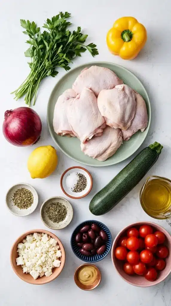 Greek Sheet Pan Chicken ingredients arranged on a countertop before cooking.