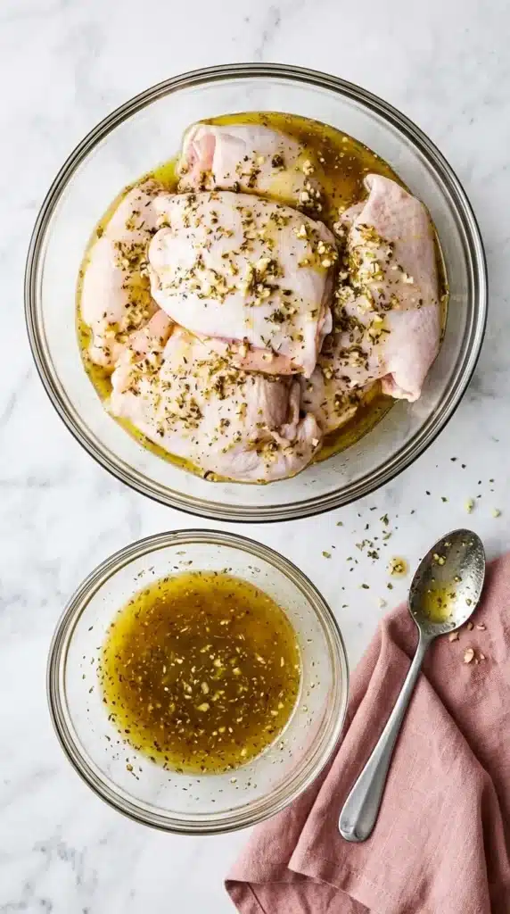 Greek Sheet Pan Chicken marinating in lemon herb olive oil with garlic.
