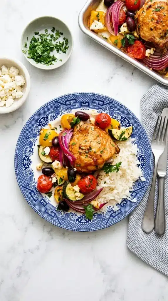 Greek Sheet Pan Chicken served with rice, roasted vegetables, feta, and olives.
