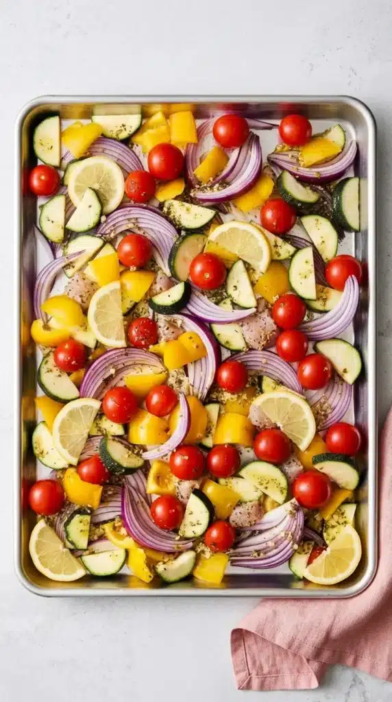 Greek Sheet Pan Chicken vegetables arranged on a sheet pan before adding the chicken.