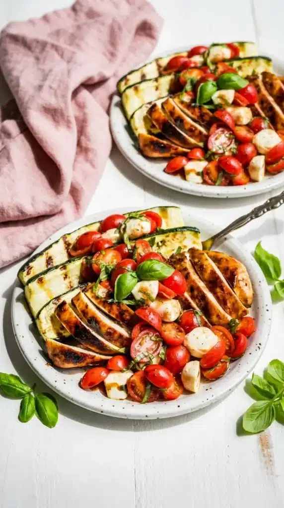 Grilled Chicken Caprese family dinner with tomatoes, mozzarella, basil, and grilled zucchini