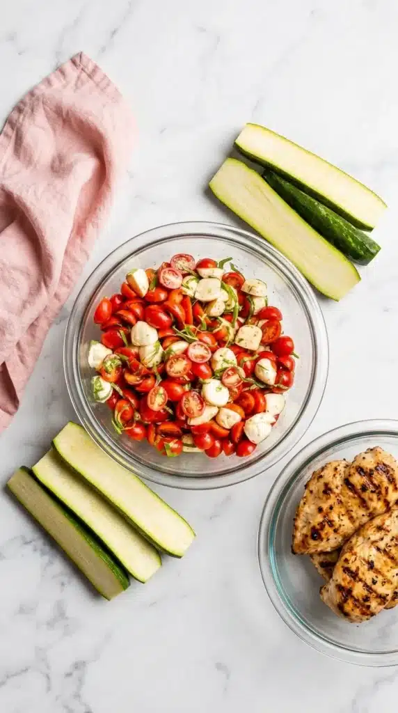 Grilled Chicken Caprese ingredients with tomatoes, mozzarella, basil, zucchini, and marinated chicken