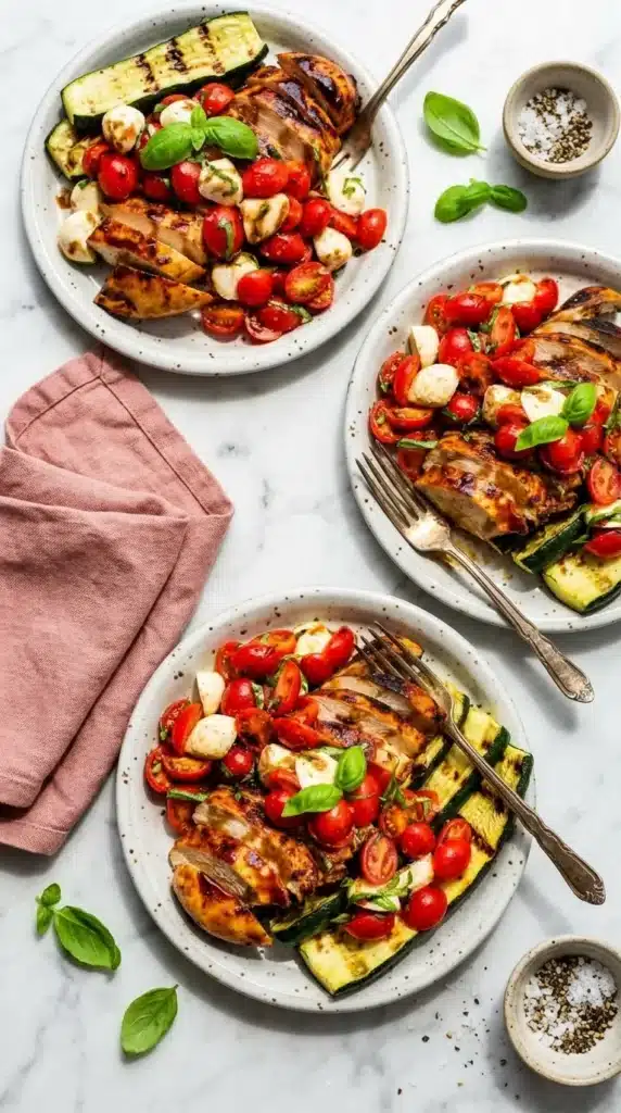 Grilled Chicken Caprese with grilled chicken, mozzarella, tomatoes, basil, and zucchini