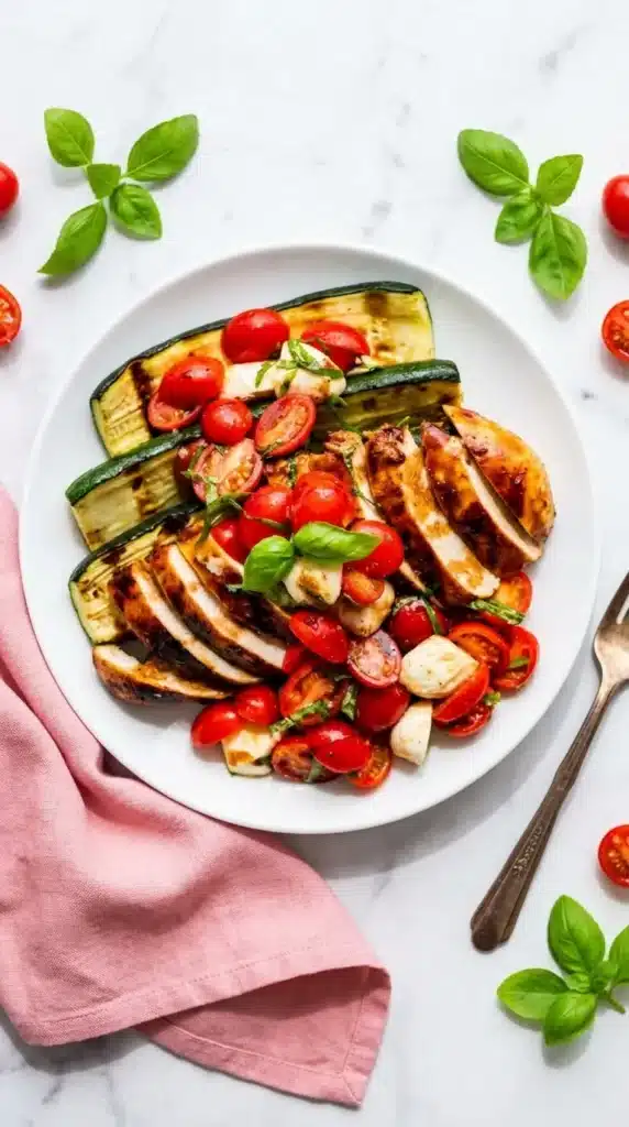 Grilled Chicken Caprese with tomatoes, mozzarella, basil, balsamic glaze, and grilled zucchini