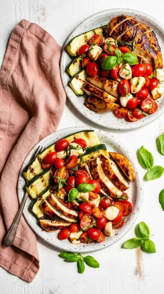 Grilled Chicken Caprese with mozzarella, cherry tomatoes, basil, and grilled zucchini