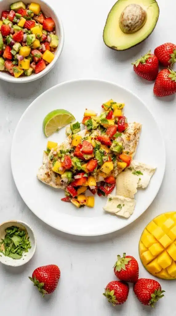 Avocado Strawberry Mango Salsa served over grilled chicken with lime and pita chips.