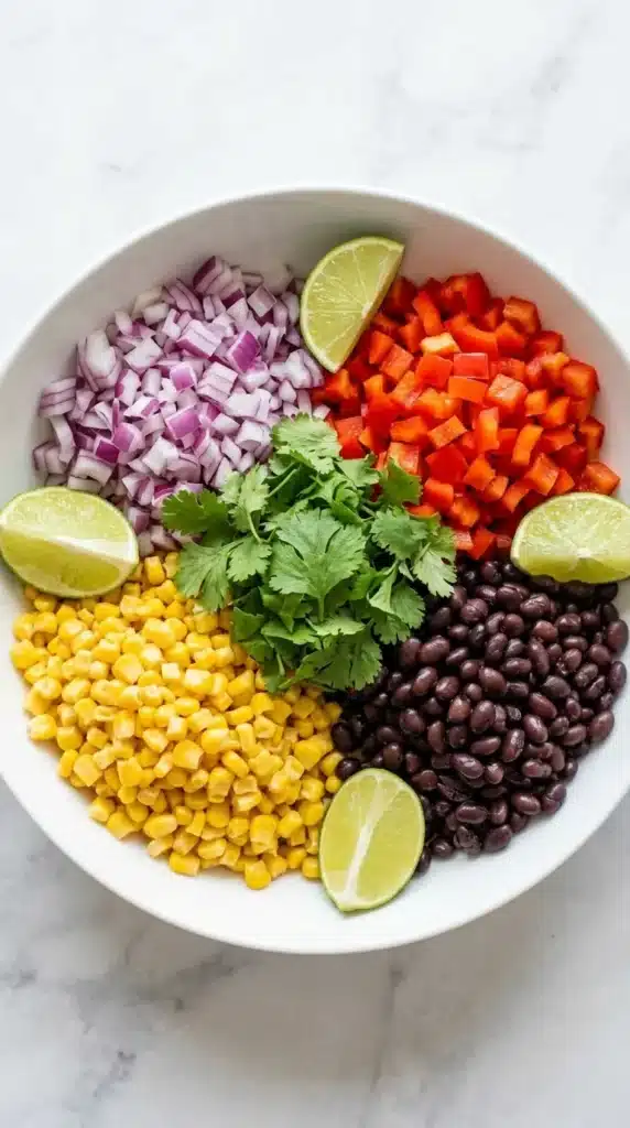 Healthy Corn and Black Bean Salad | Amazing Easy Summer 7 Healthy Corn and Black Bean Salad ingredients in a ceramic bowl ready for mixing