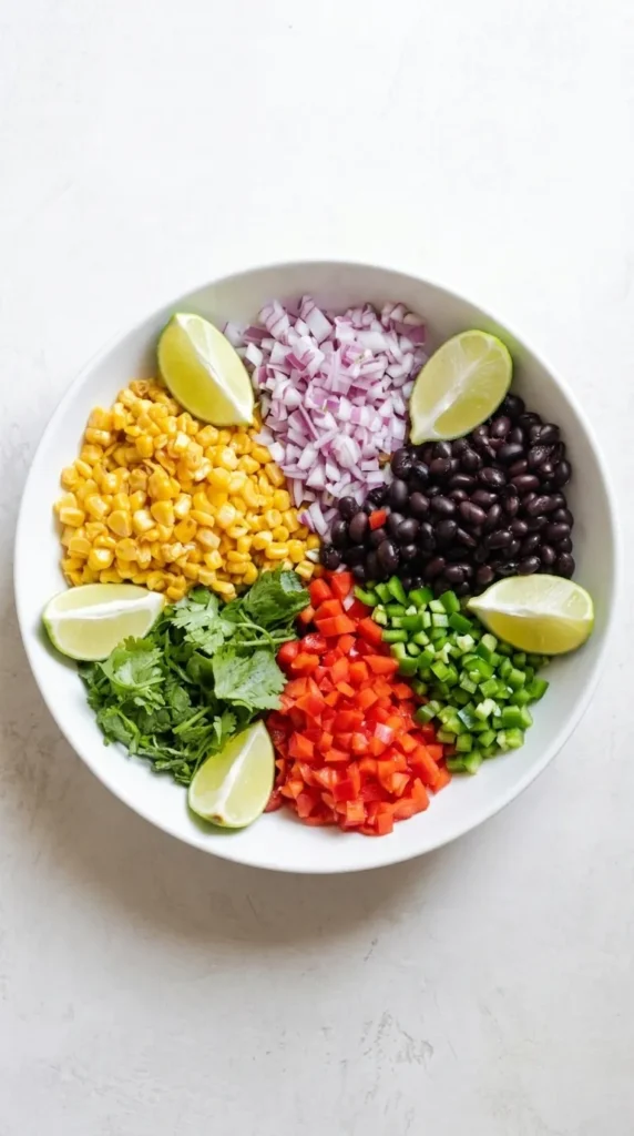 Healthy Corn and Black Bean Salad | Amazing Easy Summer 6 Healthy Corn and Black Bean Salad ingredients arranged in a bowl