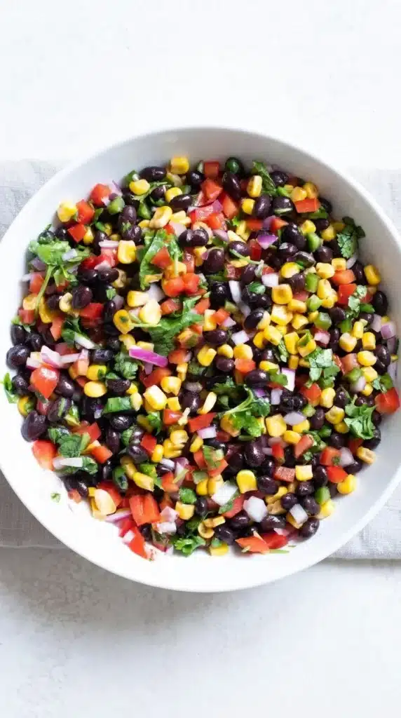 Healthy corn and black bean salad with fresh vegetables in a ceramic bowl