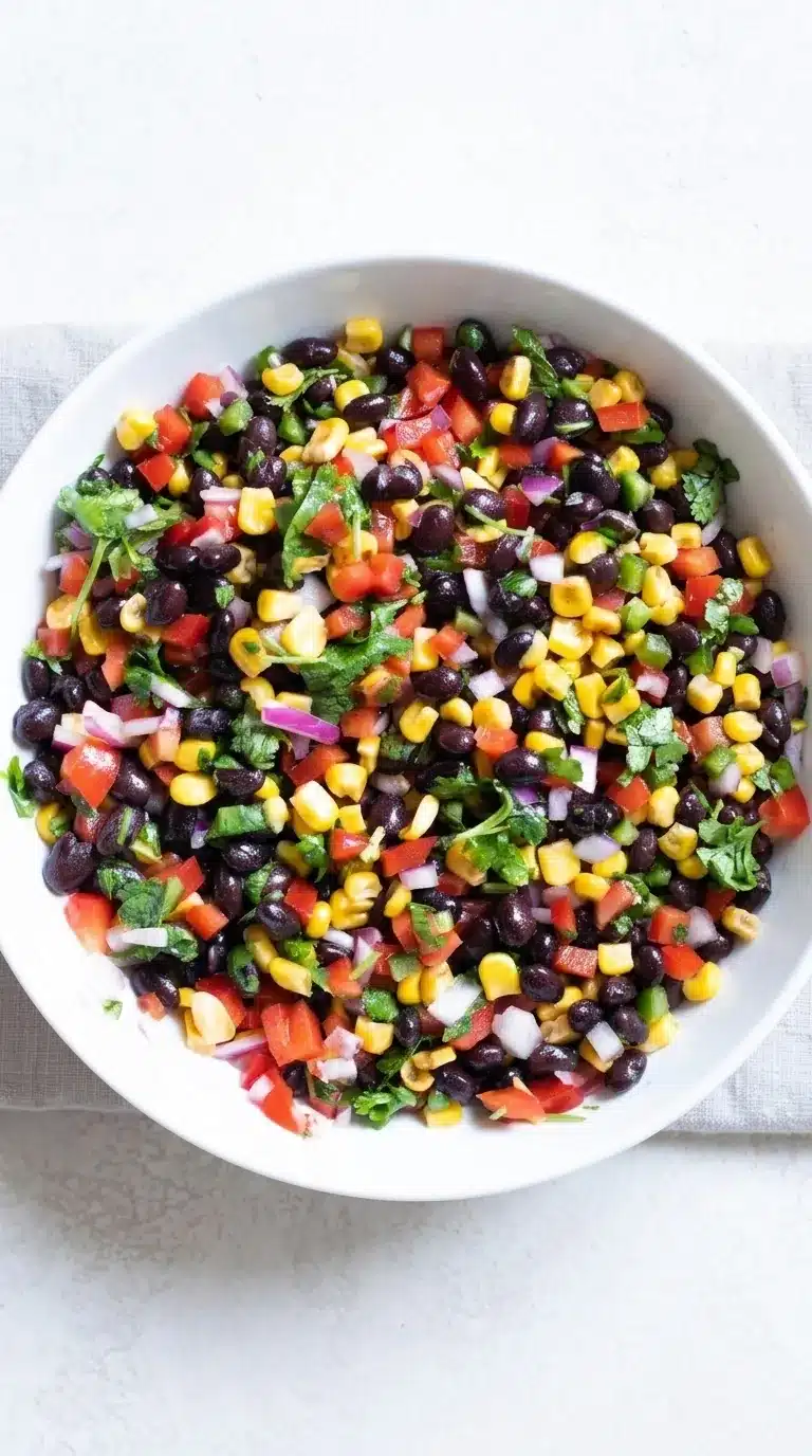 Healthy corn and black bean salad with fresh vegetables in a ceramic bowl
