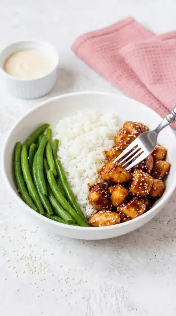 Healthy Sesame Chicken Recipe | Amazing Easy 35 Minute Dinner 6 Close up of Healthy Sesame Chicken with rice and green beans