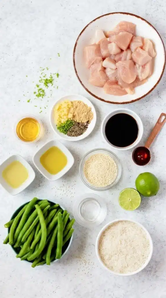 Healthy Sesame Chicken Recipe | Amazing Easy 35 Minute Dinner 5 Healthy Sesame Chicken ingredients arranged on a light countertop