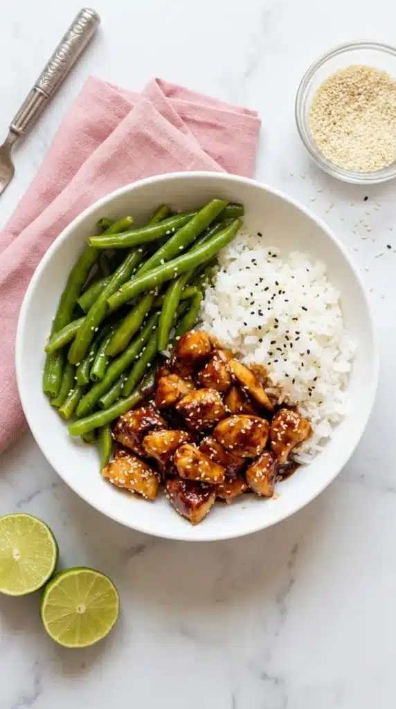 Healthy Sesame Chicken with white rice and green beans on a ceramic plate