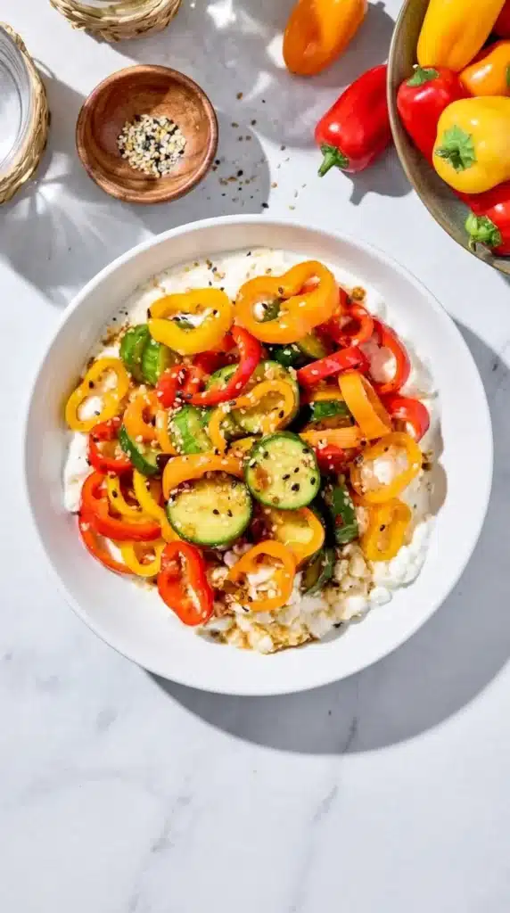Cucumber and Bell Pepper Salad served over cottage cheese with chili crisp and everything bagel seasoning.