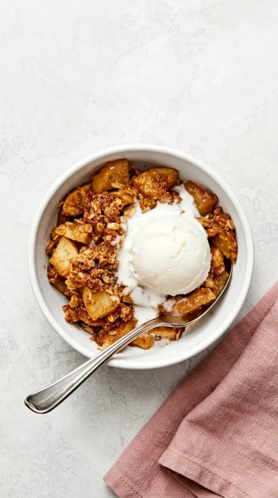 Homemade Apple Crisp with vanilla ice cream and a crunchy oat topping