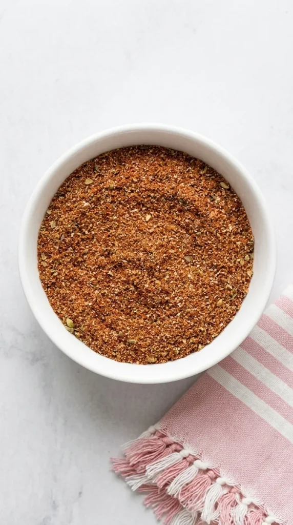 Homemade Fajita Seasoning in a ceramic bowl with a spoon on a light stone surface