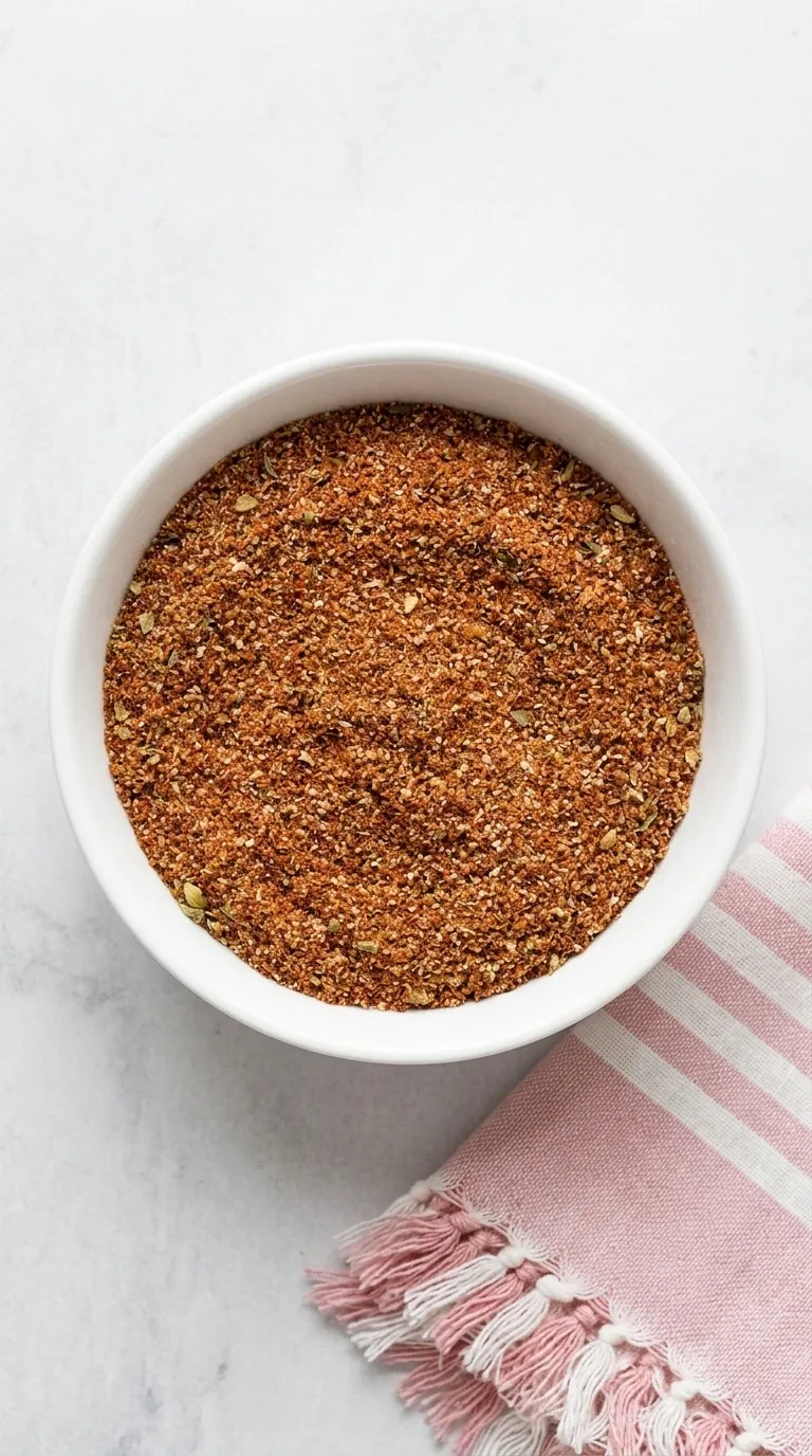 Homemade Fajita Seasoning in a ceramic bowl with a spoon on a light stone surface