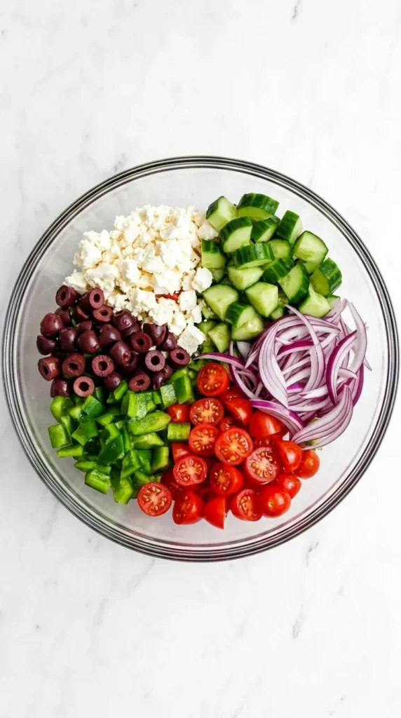Homemade Greek Salad dressing whisked with olive oil, lemon, vinegar, garlic, and oregano.
