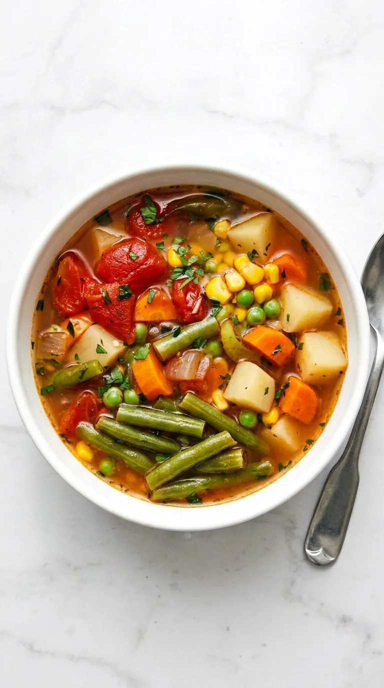 Homemade vegetable soup with carrots, potatoes, green beans, corn, peas, and fresh parsley