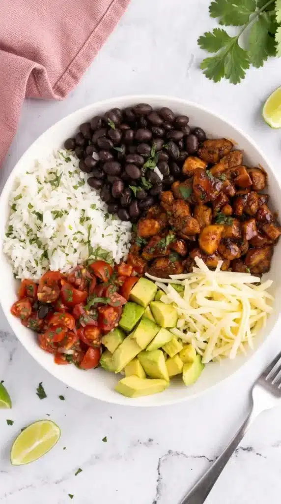 Honey Chipotle Chicken | Amazing Easy 25 Minute Dinner 6 Honey Chipotle Chicken burrito bowl with rice, avocado, black beans, salsa, and lettuce