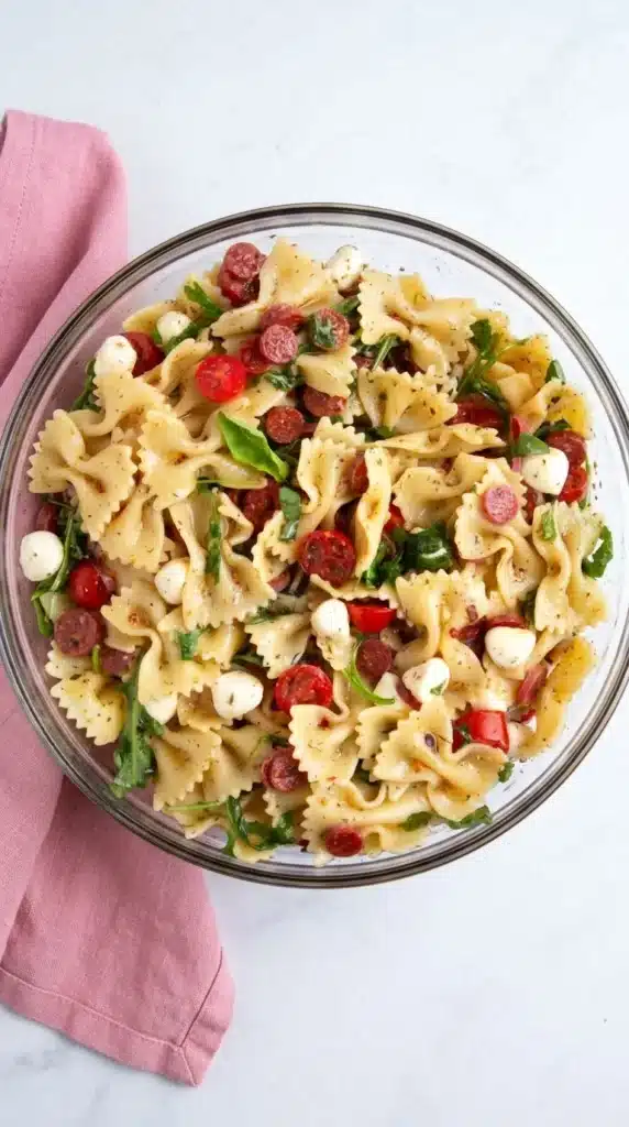 Hot Honey Pasta Salad Recipe with bowtie pasta, mozzarella, pepperoni, tomatoes, and fresh herbs
