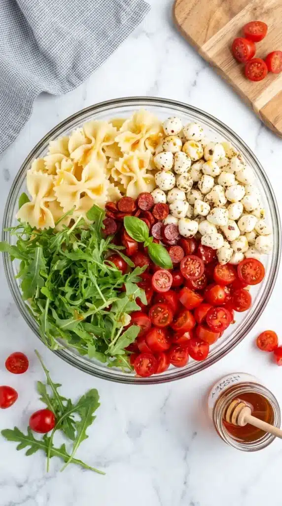 Hot Honey Pasta Salad Recipe ingredients arranged in a glass bowl