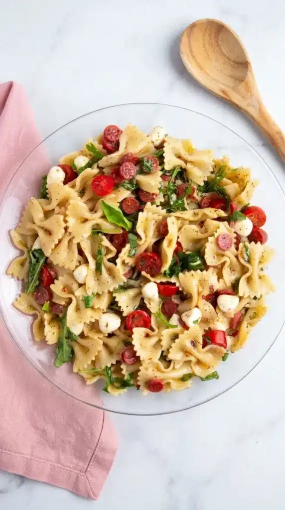 Hot Honey Pasta Salad Recipe served with mozzarella, tomatoes, pepperoni, and herbs