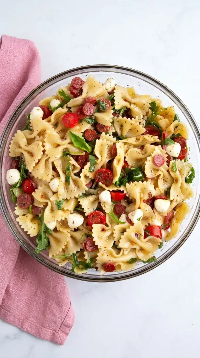 Hot Honey Pasta Salad Recipe with bowtie pasta, mozzarella, pepperoni, tomatoes, and fresh herbs