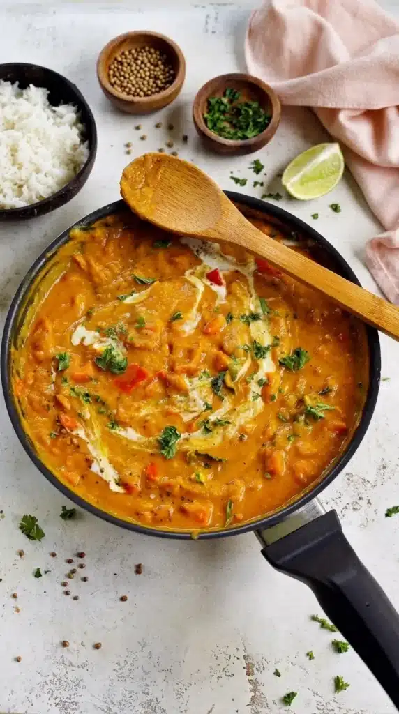 Indian Pumpkin Curry Recipe | Amazing Easy Vegan Dinner 6 Creamy Indian Pumpkin Curry simmering in a pan with coconut cream and herbs.