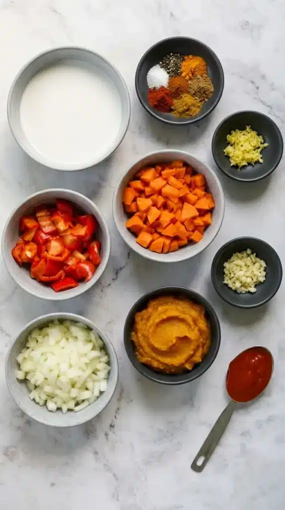 Indian Pumpkin Curry Recipe | Amazing Easy Vegan Dinner 5 Indian Pumpkin Curry ingredients with pumpkin puree, coconut milk, vegetables, and spices.