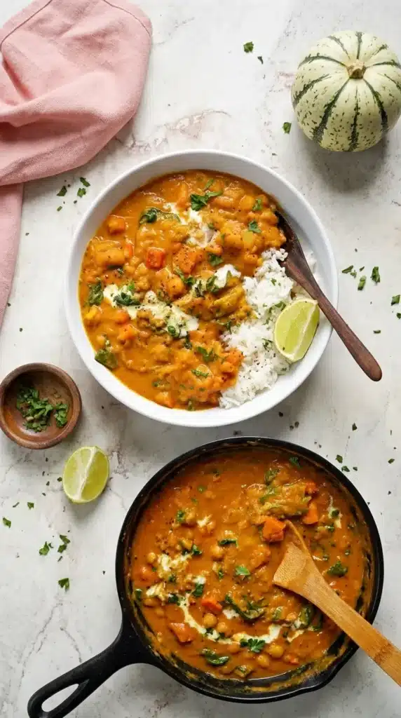Creamy Indian Pumpkin Curry with rice, coconut drizzle, herbs, and lime.