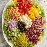 Italian Chopped Salad with fresh vegetables, mozzarella, chickpeas, salami, and homemade Italian dressing