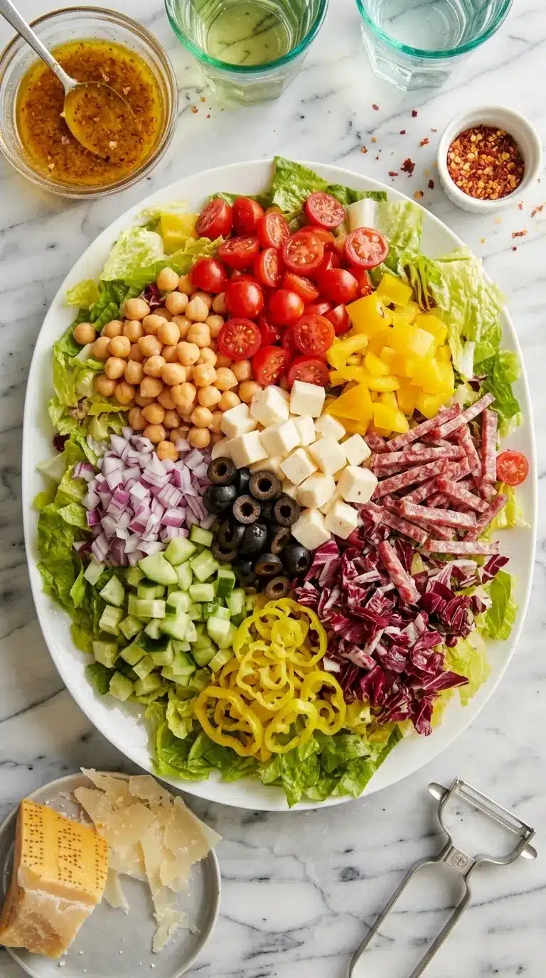 Italian Chopped Salad with fresh vegetables, mozzarella, chickpeas, salami, and homemade Italian dressing