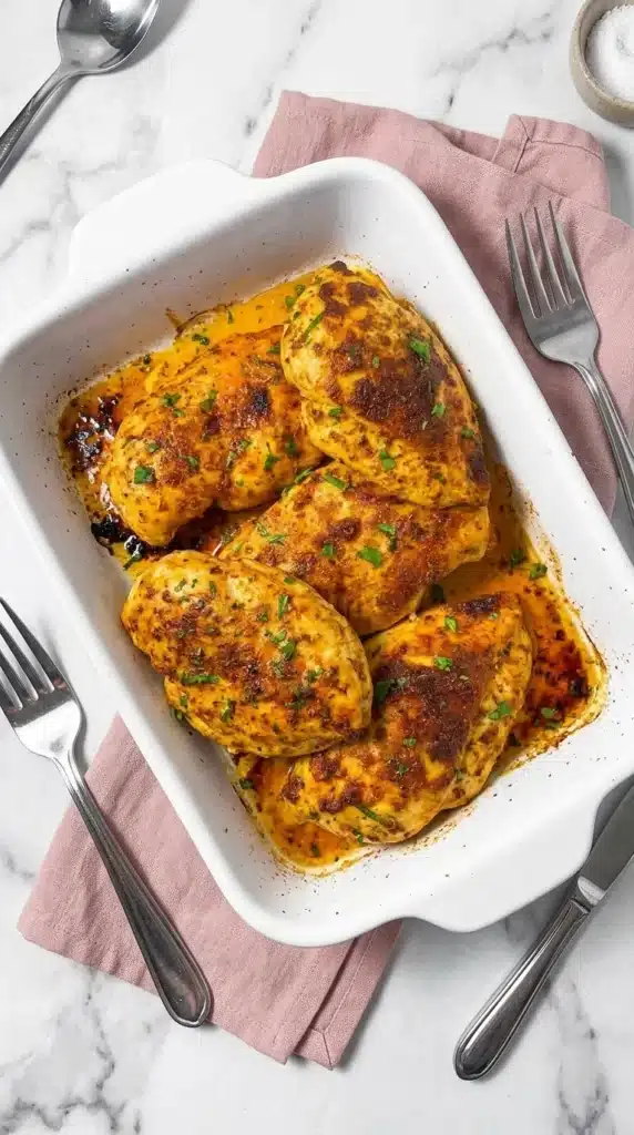 Juicy Oven Baked Chicken Breast with buttery pan juices and fresh parsley