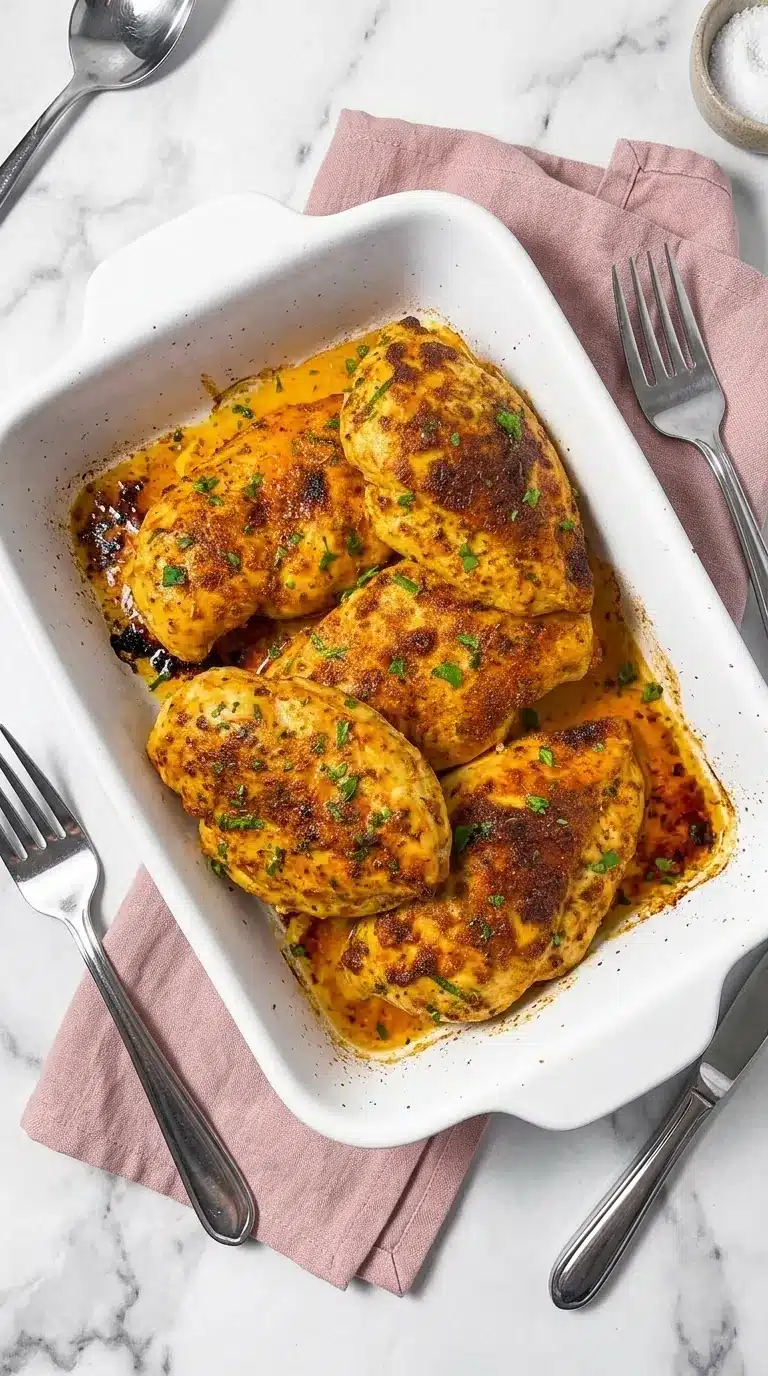 Juicy Oven Baked Chicken Breast with buttery pan juices and fresh parsley