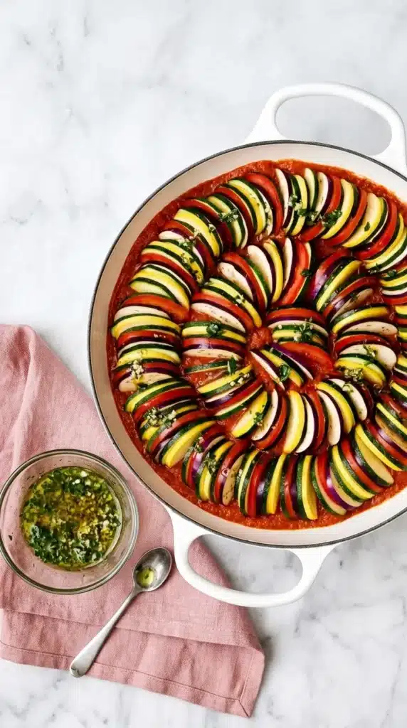 Ratatouille Recipe with Rich Tomato and Roasted Red Pepper Sauce 7 Layered Ratatouille vegetables arranged over tomato sauce before baking.