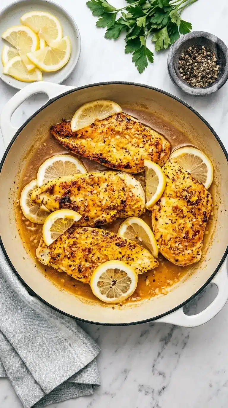 Golden Lemon Pepper Chicken in a skillet with garlic butter sauce and fresh lemon slices.