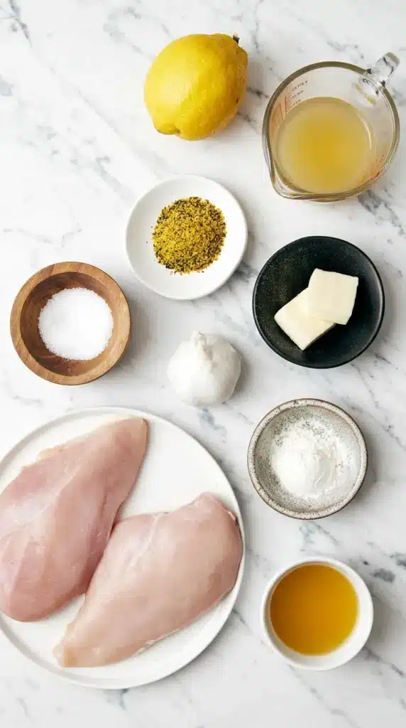 Lemon Pepper Chicken Recipe | Amazing Easy 15 Minute Dinner 5 Lemon Pepper Chicken ingredients with chicken, lemon, garlic, butter, broth, flour, and seasoning.