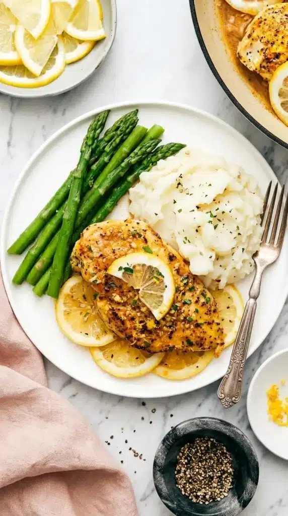 Lemon Pepper Chicken Recipe | Amazing Easy 15 Minute Dinner 6 Lemon Pepper Chicken served with mashed potatoes, asparagus, and garlic butter sauce.