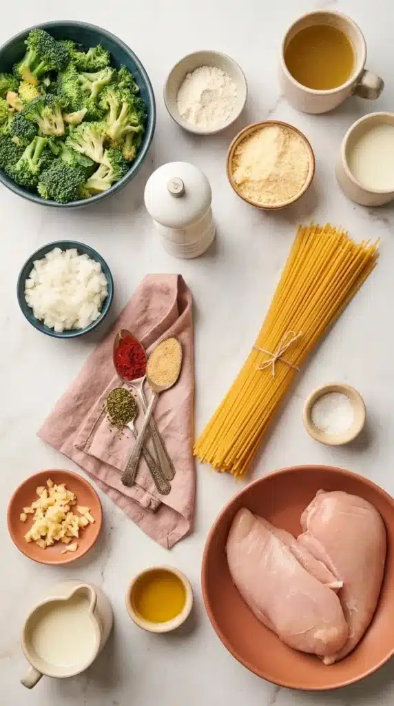 Low Calorie Chicken Alfredo | Amazing Easy Creamy Recipe 6 Low Calorie Chicken Alfredo ingredients with chicken, pasta, broccoli, and cheese