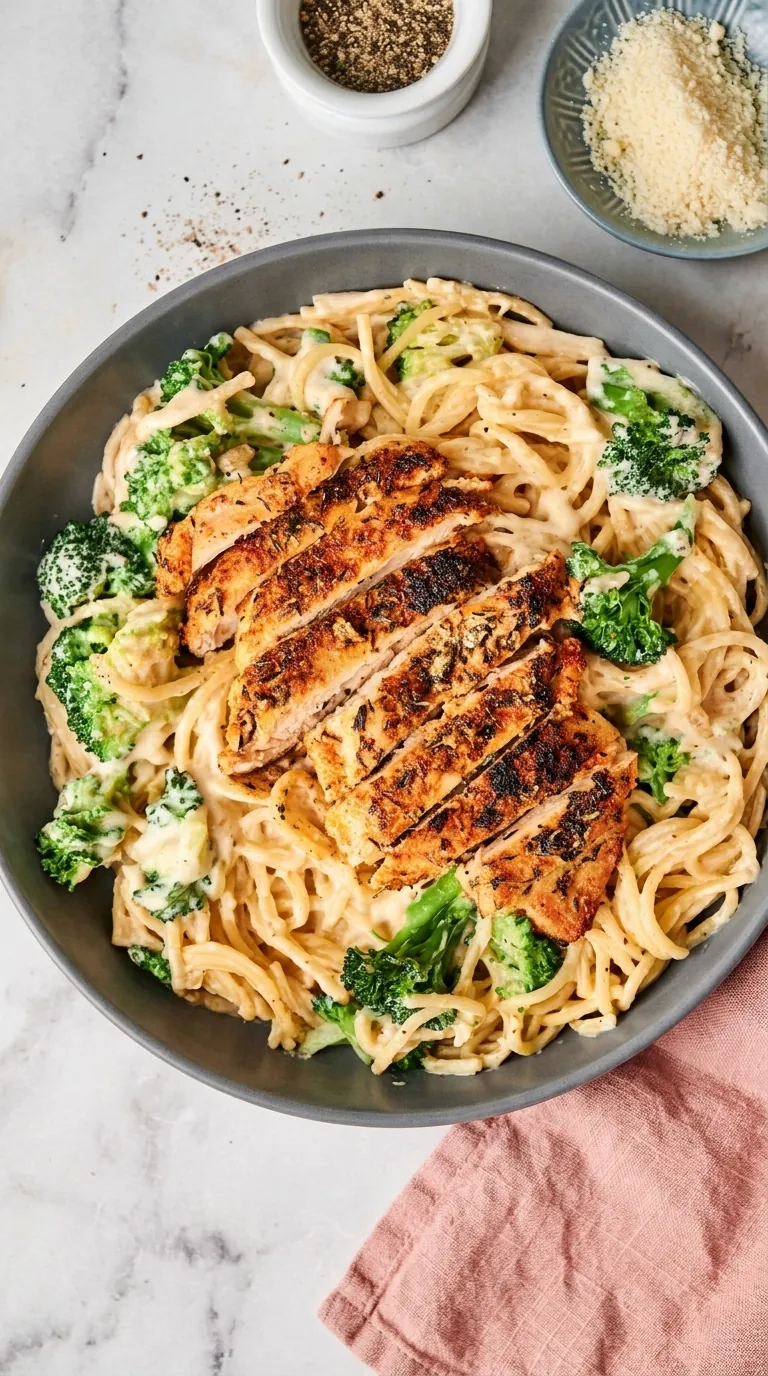 Low Calorie Chicken Alfredo with grilled chicken, broccoli, and creamy pasta